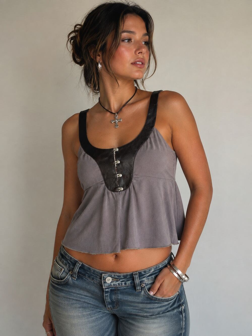 Samantha Treacy Y2K Leather Trim Babydoll Tank Top Gray Indie Sleaze Size 4